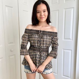 💖NWOT Ganni off shoulder checked beige top 34